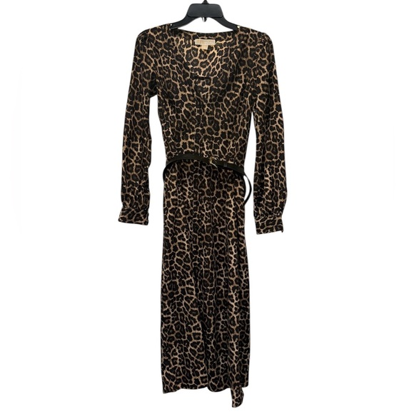 Michael, Michael Kors Leopard Print Long Sleeve V-neck Belted Dress Size XS - Picture 1 of 7